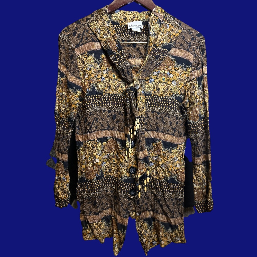 Justin B. Jones Blouse Womens 8 Brown Paisley Tie Neck Beaded Crinkle VTG Top